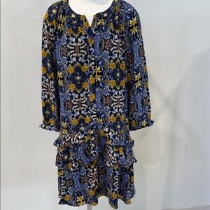 Loft Chic Long Sleeve Floral Dress in Blue and Yellow Sz M
